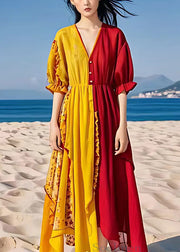 Stylish Yellow Asymmetrical Ruffled Chiffon Dresses Half Sleeve