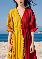 Stylish Yellow Asymmetrical Ruffled Chiffon Dresses Half Sleeve