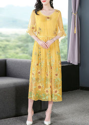 Stylish Yellow Embroideried Silk Cinched Dress Flare Sleeve