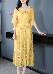 Stylish Yellow Embroideried Silk Cinched Dress Flare Sleeve