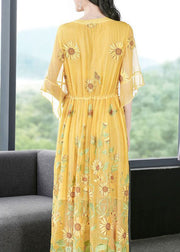 Stylish Yellow Embroideried Silk Cinched Dress Flare Sleeve