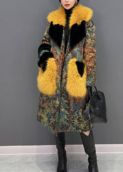 Stylish Yellow Fur Collar Print Button Mink Velvet Thick Coats Winter