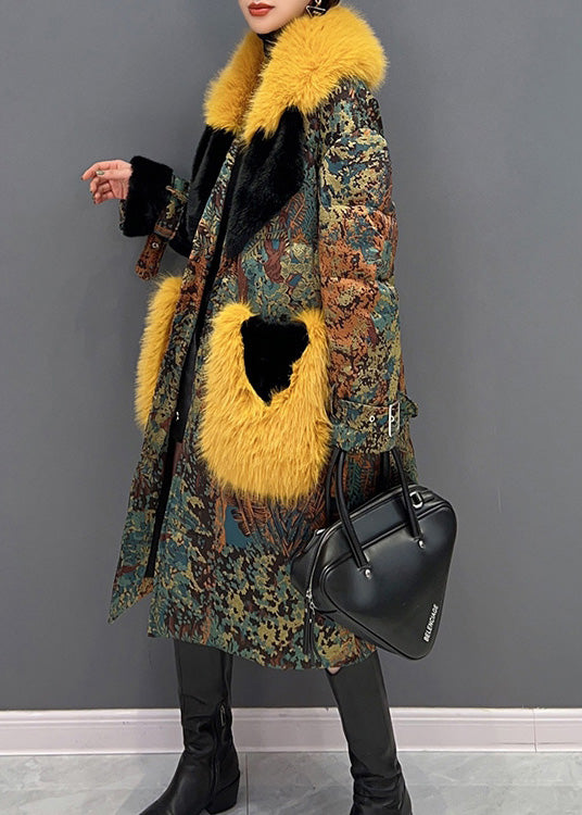 Stylish Yellow Fur Collar Print Button Mink Velvet Thick Coats Winter