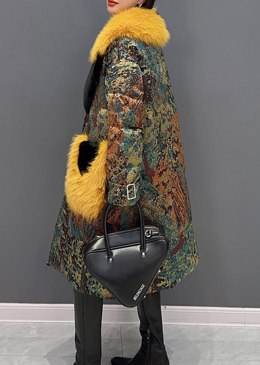 Stylish Yellow Fur Collar Print Button Mink Velvet Thick Coats Winter