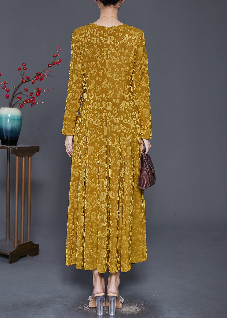 Stylish Yellow Jacquard Exra Large Hem Silk Velour Dress Spring