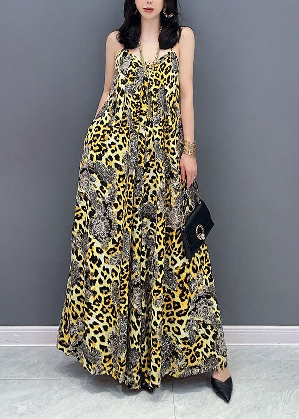 Stylish Yellow Leopard Patchwork Chiffon Spaghetti Strap Jumpsuit Summer