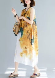 Stylish Yellow O-Neck Print Chiffon Dresses Sleeveless