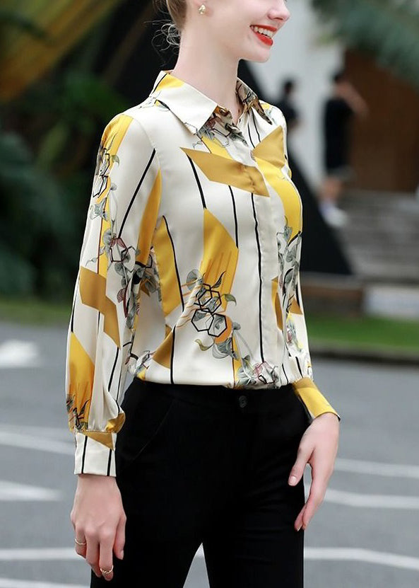 Stylish Yellow Peter Pan Collar Print Silk Shirt Long Sleeve