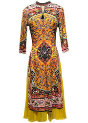 Stylish Yellow Print Patchwork Side Open Silk Dress Spring