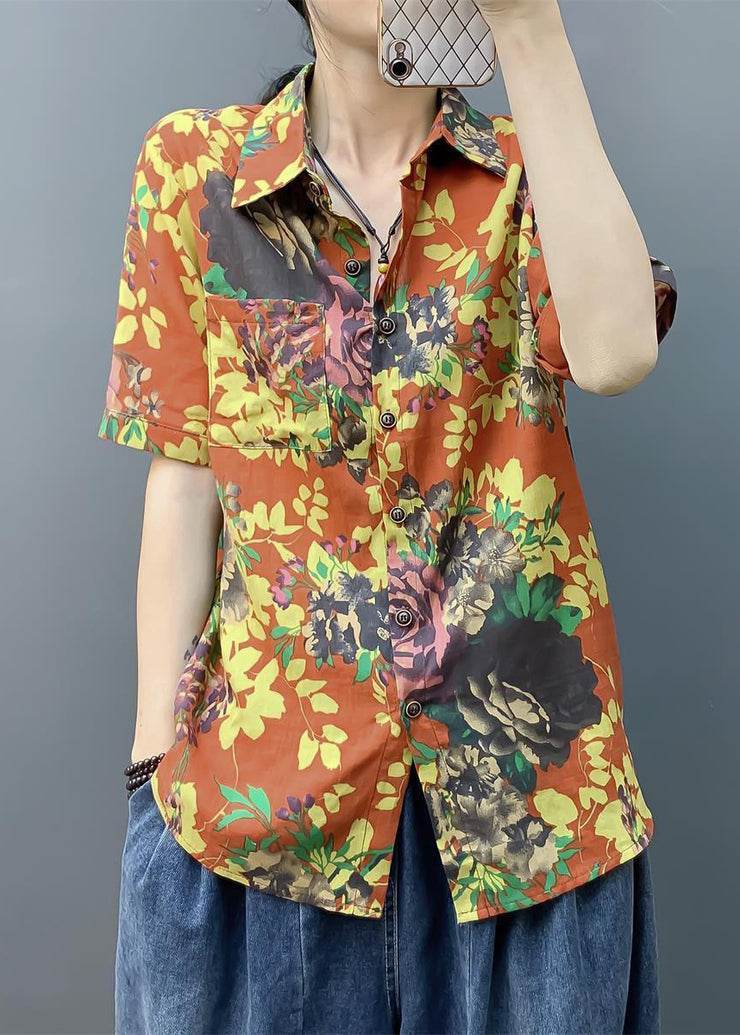 Stylish Yellow Print Pockets Cotton Shirts Short Sleeve