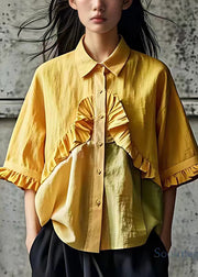 Stylish Yellow Ruffled Button Cotton Shirt Butterfly Sleeve