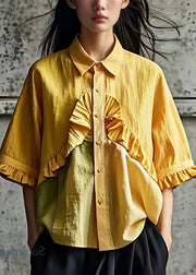 Stylish Yellow Ruffled Button Cotton Shirt Butterfly Sleeve