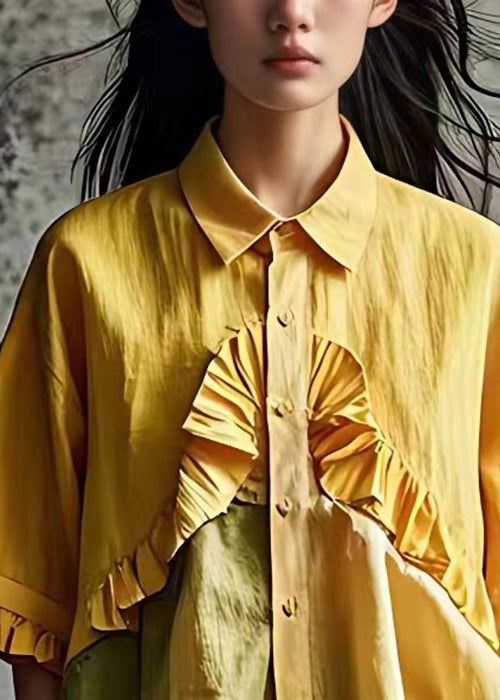 Stylish Yellow Ruffled Button Cotton Shirt Butterfly Sleeve