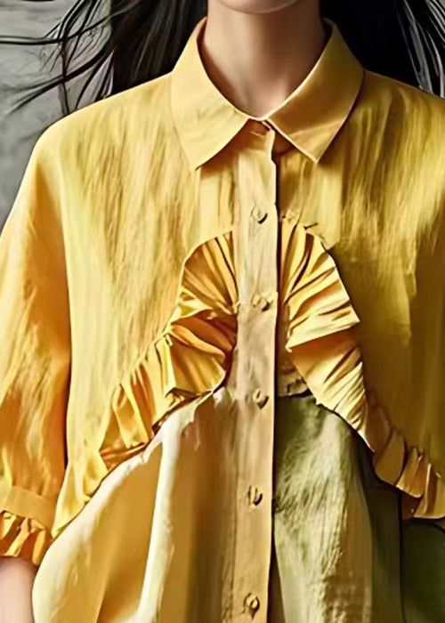 Stylish Yellow Ruffled Button Cotton Shirt Butterfly Sleeve