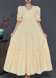 Stylish Yellow Ruffled Puff Sleeve Cotton Dresses Summer