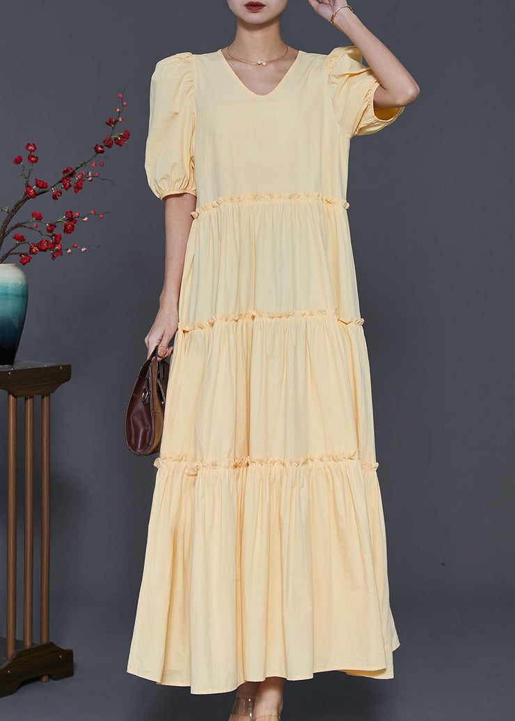 Stylish Yellow Ruffled Puff Sleeve Cotton Dresses Summer