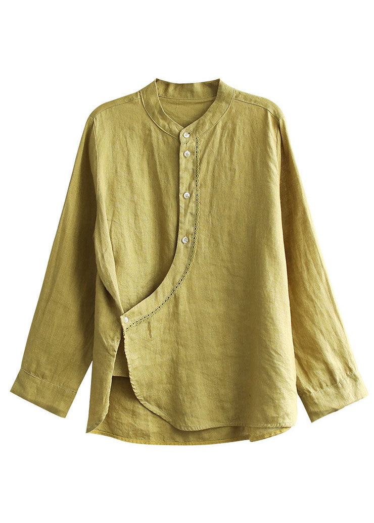 Stylish Yellow Stand Collar Asymmetrical Design Linen Tops Long Sleeve