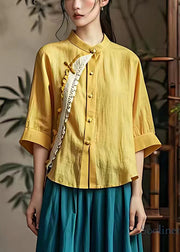 Stylish Yellow Stand Collar Patchwork Linen Tops Summer