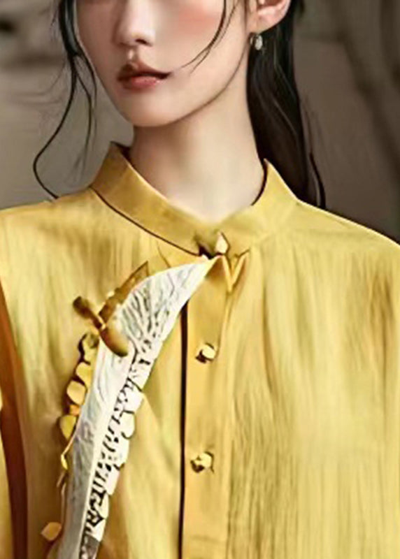 Stylish Yellow Stand Collar Patchwork Linen Tops Summer