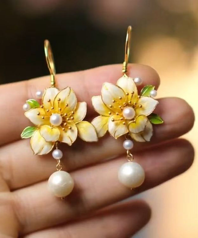 Stylish Yellow Sterling Silver Alloy Pearl Floral Tassel Drop Earrings