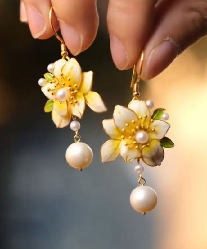 Stylish Yellow Sterling Silver Alloy Pearl Floral Tassel Drop Earrings