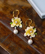 Stylish Yellow Sterling Silver Alloy Pearl Floral Tassel Drop Earrings