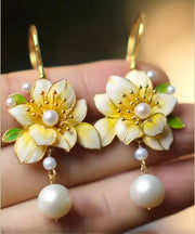 Stylish Yellow Sterling Silver Alloy Pearl Floral Tassel Drop Earrings