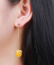 Stylish Yellow Sterling Silver Overgild Amber Beeswax Ball Drop Earrings