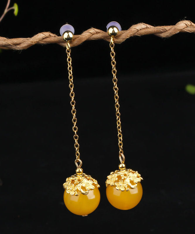 Stylish Yellow Sterling Silver Overgild Amber Beeswax Ball Drop Earrings