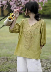 Stylish Yellow V Neck Embroideried Linen Top Half Sleeve