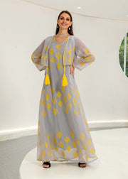 Stylish Yellow V Neck Print Tassel Tulle Maxi Dresses Fall