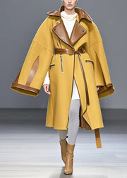 Stylish Yellow Zip Up Patchwork Woolen Trench Fall