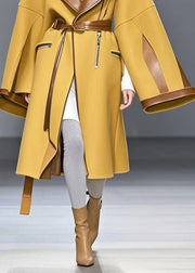 Stylish Yellow Zip Up Patchwork Woolen Trench Fall