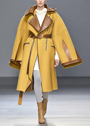 Stylish Yellow Zip Up Patchwork Woolen Trench Fall