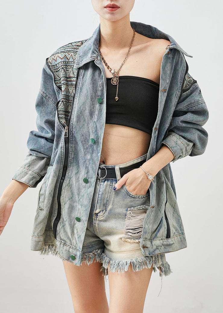 Stylish Zip Up Patchwork Denim Coats Fall