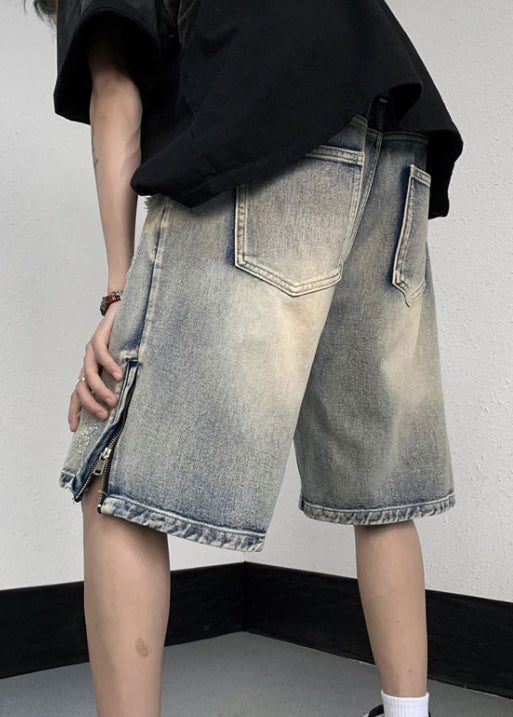 Stylish Zippered Hole High Waist Denim Mens Shorts Summer