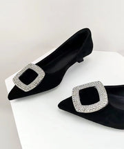 Stylish Zircon Splicing Black Suede Kitten Heel