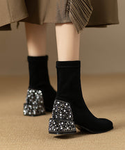 Stylish Zircon Splicing Chunky Boots Black Suede