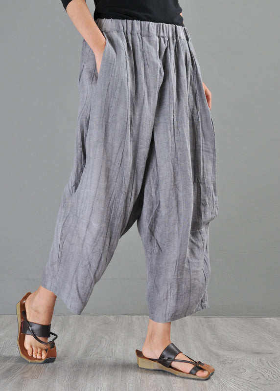 Summer New Grey Elastic Waist Loose Linen Harlen Pants