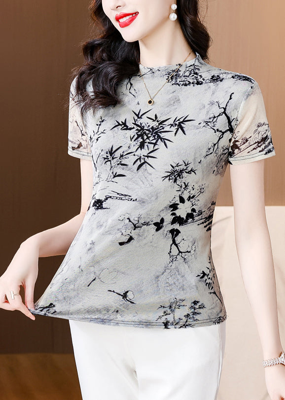 Summer New Half High Collar Print Tulle T Shirt Top