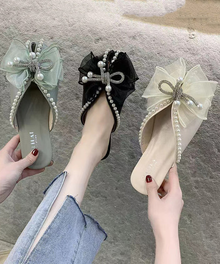 Summer New Versatile Black Bow Nail Bead Slide Sandals