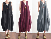 Summer V Neck Cotton Linen Long Dress Solid Baggy Casual Lace Up Backless