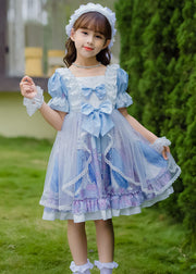 Sweet Pink Ruffled Bow Character Patchwork Tulle Kids Girls Princess Dress Summer