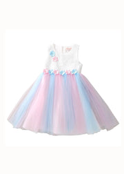 Sweet White Floral Wrinkled Patchwork Tulle Baby Girls Princess Dress Sleeveless