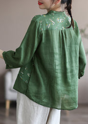 Tea Green Peter Pan Collar Button Linen Shirt Long Sleeve