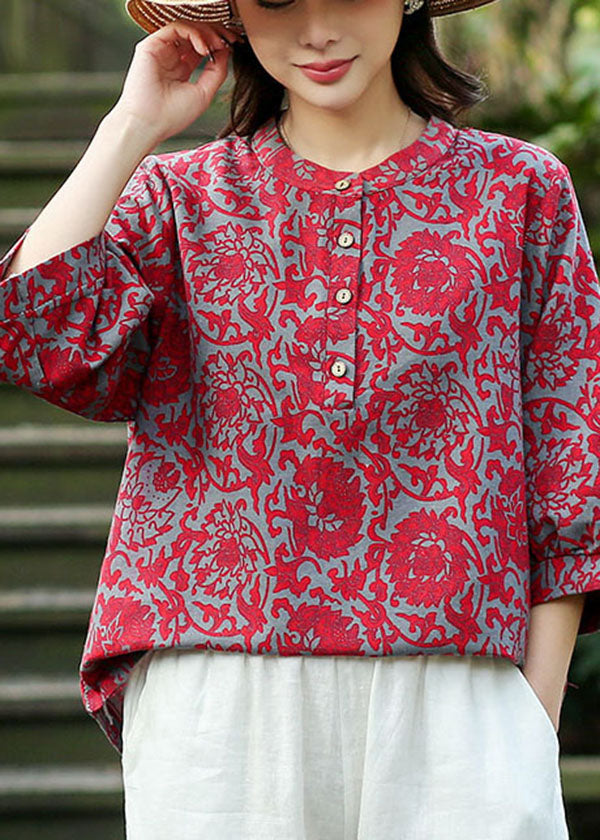 2024 Red O-Neck Jacquard Linen Blouse Tops Bracelet Sleeve