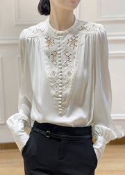 2024 White O-Neck Embroideried Floral Silk Shirt Long Sleeve