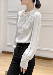 2024 White O-Neck Embroideried Floral Silk Shirt Long Sleeve