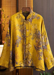 2024 Yellow Stand Collar Oriental Button Patchwork Tassel Jacquard Silk Shirt Top Long Sleeve