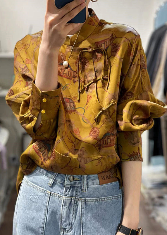 2024 Yellow Stand Collar Patchwork Print Shirt Top Spring